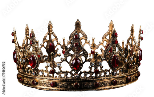 A majestic gold crown adorned with vibrant red stones symbolizing royalty and luxury
