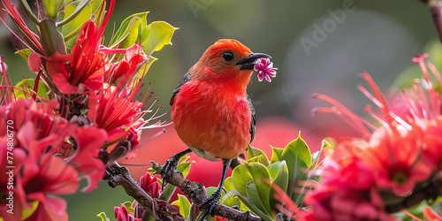 The I'iwi is an endemic bird of the Hawaiian Islands. This honeycreeper feeds on Mamane blossoms in Hosmer Grove at high elevation on Maui