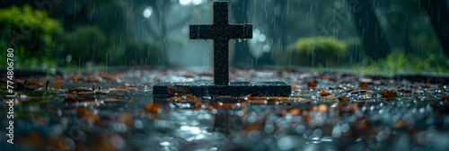 antique cross symbol cemetery stone symbol wet, A headstone in the shape of a cross a haunted cemetery