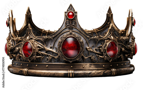 A regal metal crown adorned with vivid red stones, shimmering in the light
