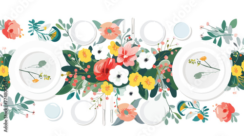 Festive table setting with beautiful flowers flat lay