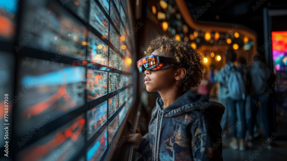 A young child wears virtual reality glasses, engaged with an interactive screen map at a modern museum exhibit.