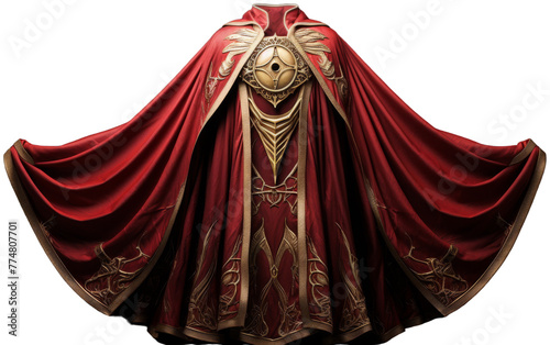 A man stands proudly in a red cape with gold accents