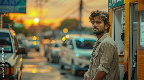 A contemplative South Asian man refuels his vehicle at a gas station, with a beautiful sunset and city life blurred in the background. photo