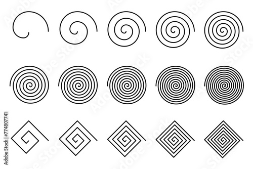 Collection of simple spirals isolated on a white background – Set of decorative linear spirals – Set of spirals with cusp shapes