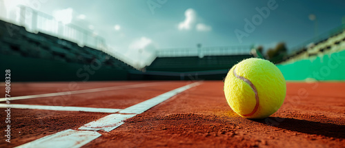 Close-up on tennis ball on tennis court, stadion, arena. Sport lifestyle background. Summer template or banner. The concept of professional game sports.Generative ai © Inai