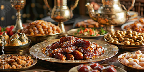 Ramadan iftars marks the end of fasting. Table with dates, Oriental food and sweets. Eid mubarak. Traditional Middle Eastern cuisine, evening meal