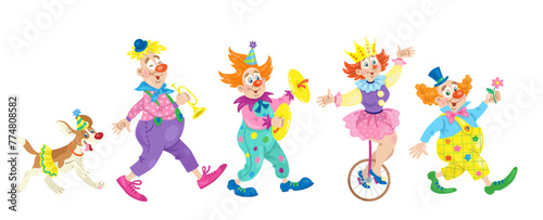Procession of funny circus clowns. Isolated on white background. Vector cartoon flat illustration.
