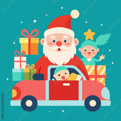 Santa Claus with children and gift boxes on the car new year greeting card