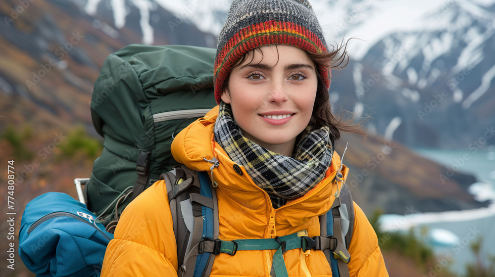 Smiling female hiker with backpack in mountainous landscape, showcasing adventure and travel themes. Smiling female hiker with backpack in mountainous landscape, showcasing adventure and travel themes.