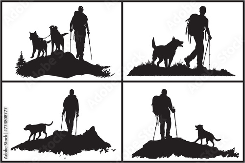 Silhouette of vector man and dog on a white background