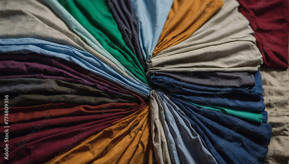 Fabric background. Variety of crumpled cotton shirts. Top view to stack of cotton shirts.
