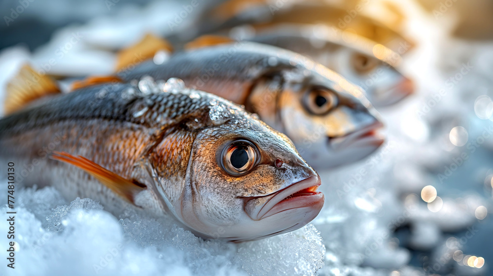 Close-up fresh fish on ice on the counter of market Close-up fresh fish on ice on the counter of market