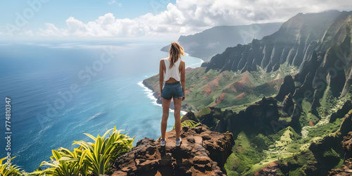 Mulher na beira de um penhasco contemplando o vasto oceano