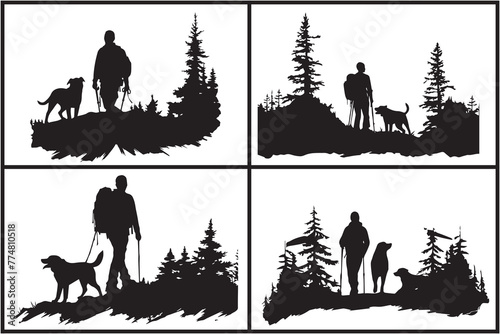 Silhouette of vector man and dog on a white background