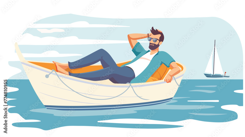 Happy businessman relaxing on boat on the sea flat vector