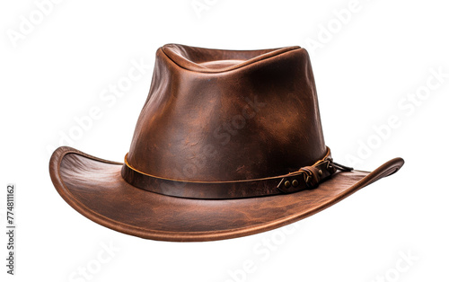 A rustic brown cowboy hat adorned with a sleek leather band photo