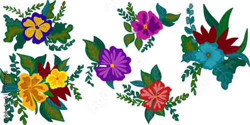 Vector element hand drawn flat cartoon style. Stylized floral arrangement for cards, invitations, etc. Floral elements large set