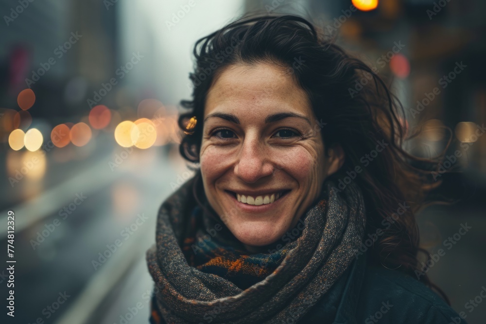 Portrait of a smiling woman in the city street at night. Portrait of a smiling woman in the city street at night.