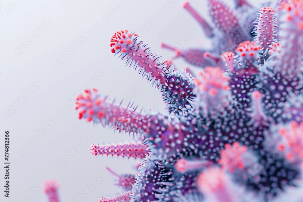 A close-up view of Disease X pathogen under a high-resolution microscope, unique structure with a halo of spike proteins, set against a stark, clinical white background A close-up view of Disease X pathogen under a high-resolution microscope, unique structure with a halo of spike proteins, set against a stark, clinical white background