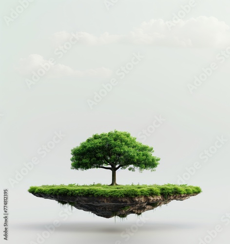 A tree is floating in the air above a grassy field