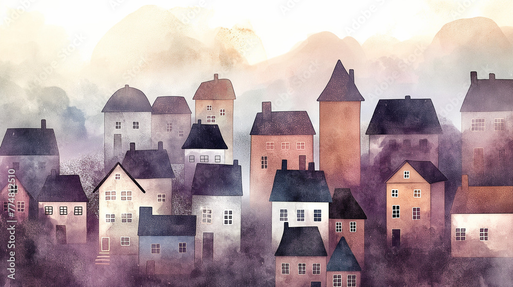 Watercolor Houses with Mountain Backdrop Illustration