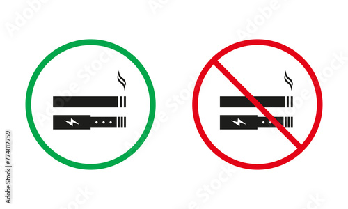 Smoking Area Red and Green Signs. Smoking Tobacco, Nicotine Cigarette, Vaping Silhouette Icons Set. Allowed and Prohibited Smoke Zone Pictogram. Isolated Vector Illustration