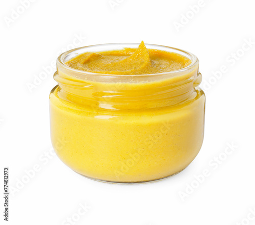 Fresh tasty mustard sauce in glass jar isolated on white