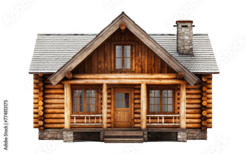 A charming log cabin with a porch nestled in a serene forest setting, complete with a chimney