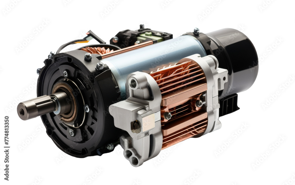 An electric motor spins on a white background, showcasing its sleek design and ingenuity An electric motor spins on a white background, showcasing its sleek design and ingenuity