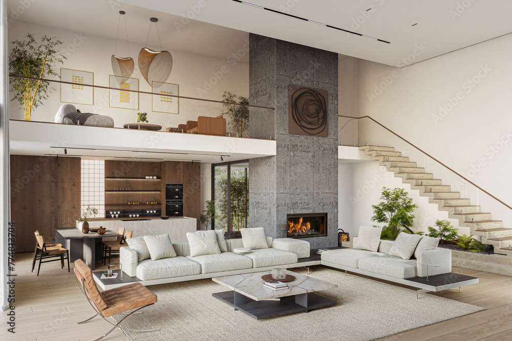 Obraz premium Open space living room and kitchen interior with large windows, TV wall, gray sofa, fireplace and stairs. Modern design solution, 3d rendering