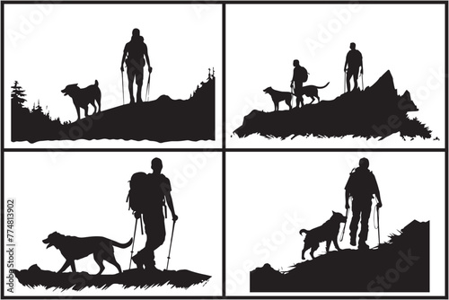 Vector silhouette of the man with dog white background