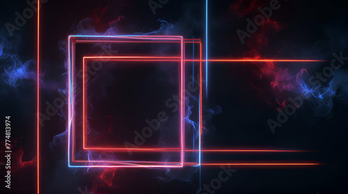 Glowing colored square frames, red and blue neon rays in smoke, cyber background.generative.ai