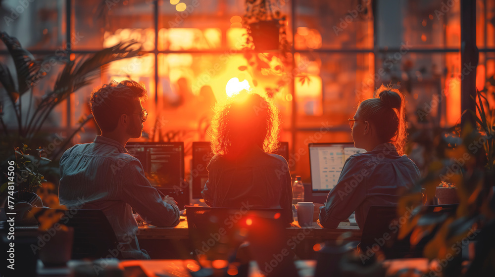 Silhouettes of workers in the office at sunset, view from the back. Silhouettes of workers in the office at sunset, view from the back.