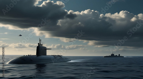 Generic military nuclear submarine floating in the middle of the ocean with a fighter jet in the background.generative.ai