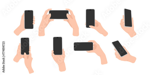 Hand hold the mobile phone in horizontal and vertical position with blank screen in different positions vector illustration set in flat style isolated.