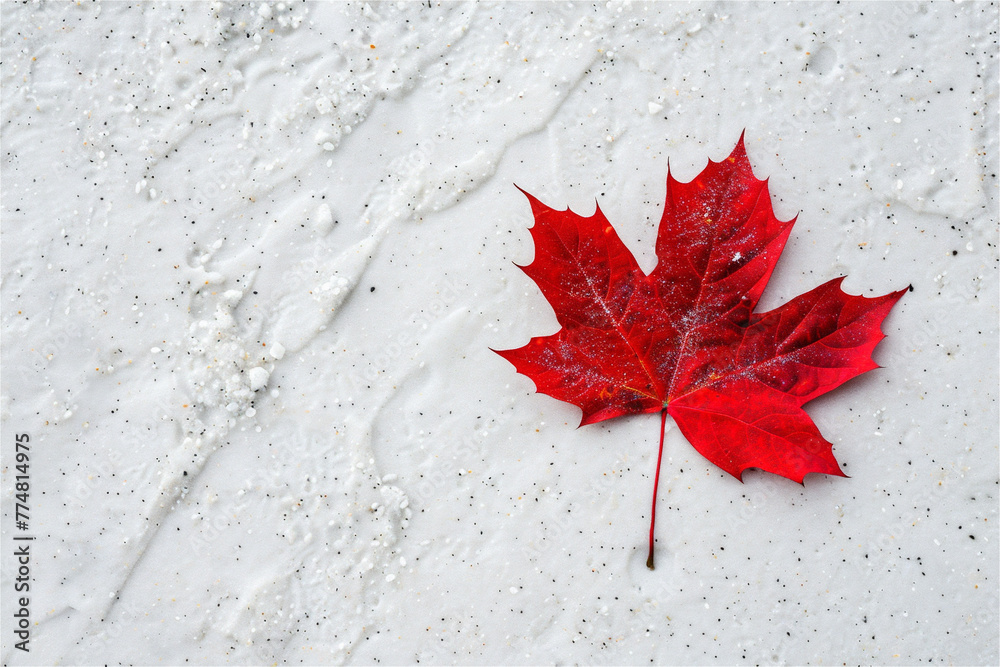 Red maple leaf on white sand. Top view. Canada flag concept. Canada Day. Background with copy space. Red maple leaf on white sand. Top view. Canada flag concept. Canada Day. Background with copy space.