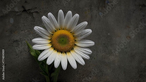 A defiantly blooming daisy emerges through a narrow fissure in cold, unyielding concrete, embodying relentless strength. photo