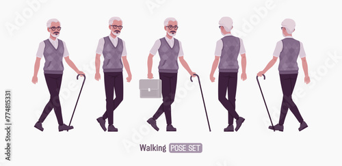 Retired old active senior man set going pose, nice elderly person, handsome grey hair grandfather in classic outfit with walking stick. Elegant white beard and dark moustaches. Vector illustration