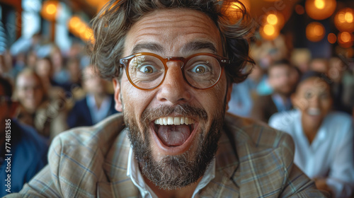 A mature man with glasses looks enthusiastically at the camera and smiles.