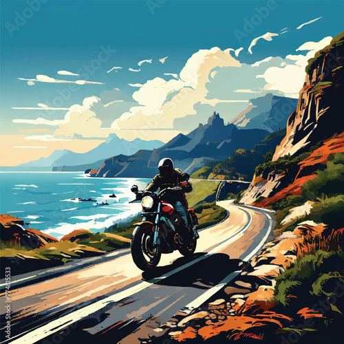 Vector illustration of a motorcyclist riding along a winding mountain road along the sea coast
