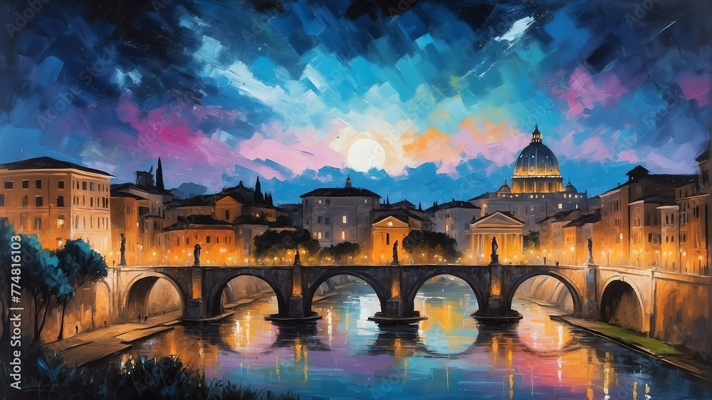 night sky in rome italy theme oil pallet knife paint painting on canvas with large brush strokes modern art illustration abstract from Generative AI