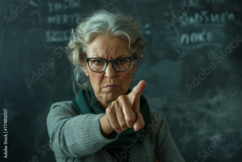 Angry teacher with glasses gesturing, chalkboard background. Caucasian blond woman in her 50th, close up. Great for education, discipline themes