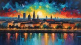 night sky in warsaw poland theme oil pallet knife paint painting on canvas with large brush strokes modern art illustration abstract from Generative AI
