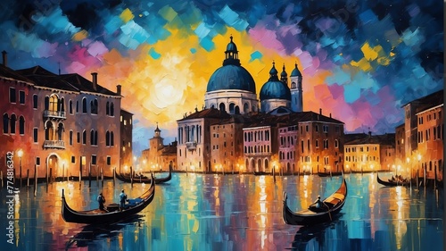 night sky in venice italy theme oil pallet knife paint painting on canvas with large brush strokes modern art illustration abstract from Generative AI © SevenThreeSky