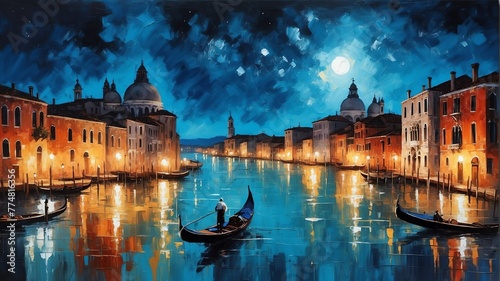 night sky in venice italy theme oil pallet knife paint painting on canvas with large brush strokes modern art illustration abstract from Generative AI