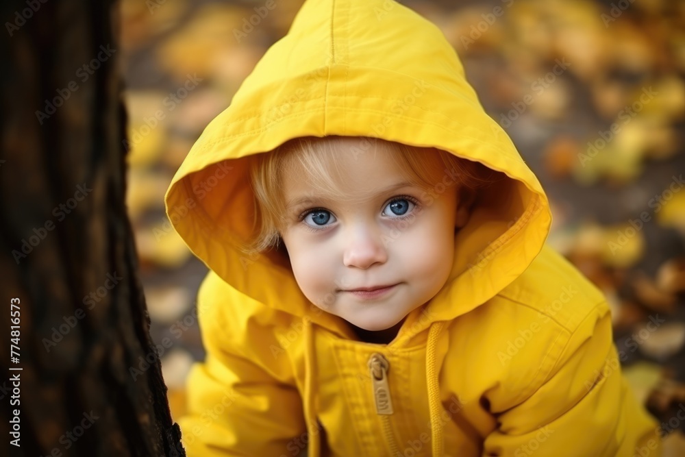 A cute child wearing a bright yellow hooded jacket with autumn leaves in the background, depicting the joy of fall. Child in Yellow Hood Autumn Leaves Background A cute child wearing a bright yellow hooded jacket with autumn leaves in the background, depicting the joy of fall. Child in Yellow Hood Autumn Leaves Background