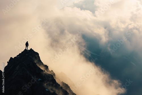 Conquering Mountain Challenges. Triumph, Endurance, and Resilience Amidst Alpine Terrain. Soft Sunlight Pierces Through Clouds. Man on the top of the mountain