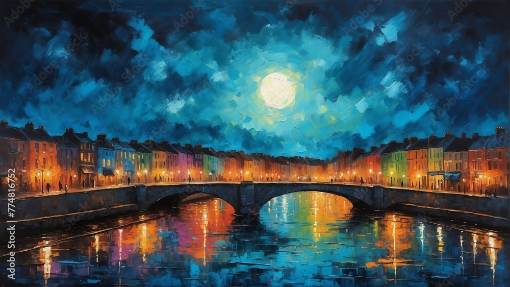 Obraz premium night sky in dublin ireland theme oil pallet knife paint painting on canvas with large brush strokes modern art illustration abstract from Generative AI
