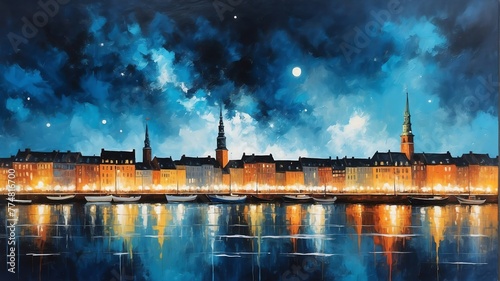 night sky in copenhagen denmark theme oil pallet knife paint painting on canvas with large brush strokes modern art illustration abstract from Generative AI
